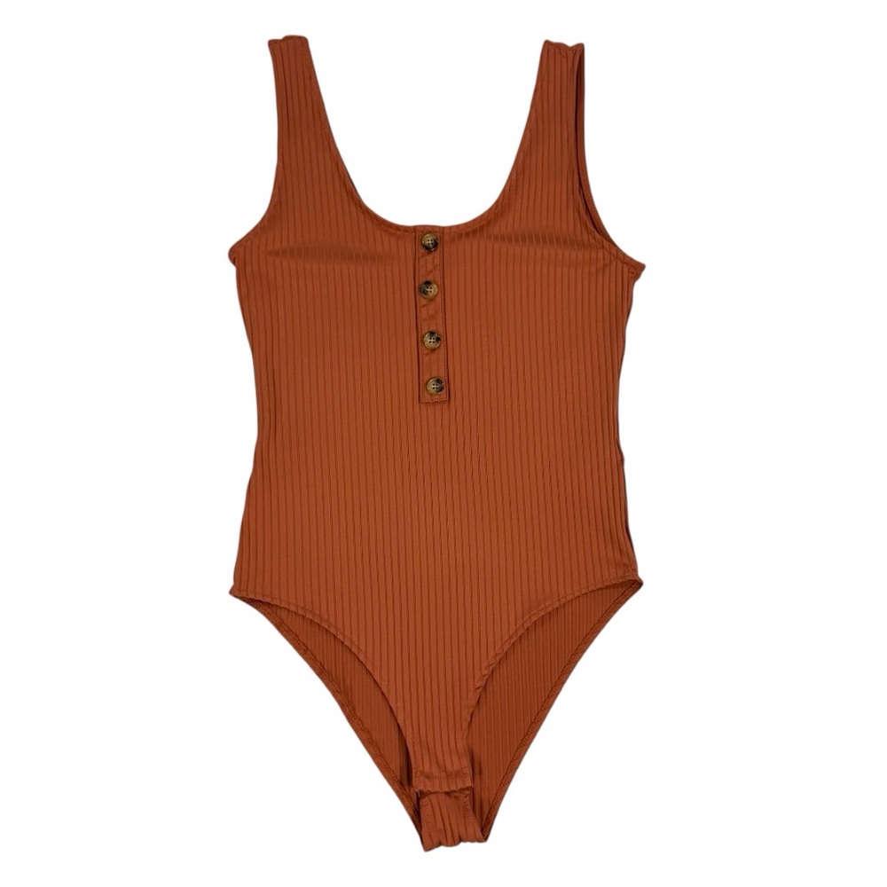 H&M Rust Ribbed Scoop Neck Bodysuit with Buttons